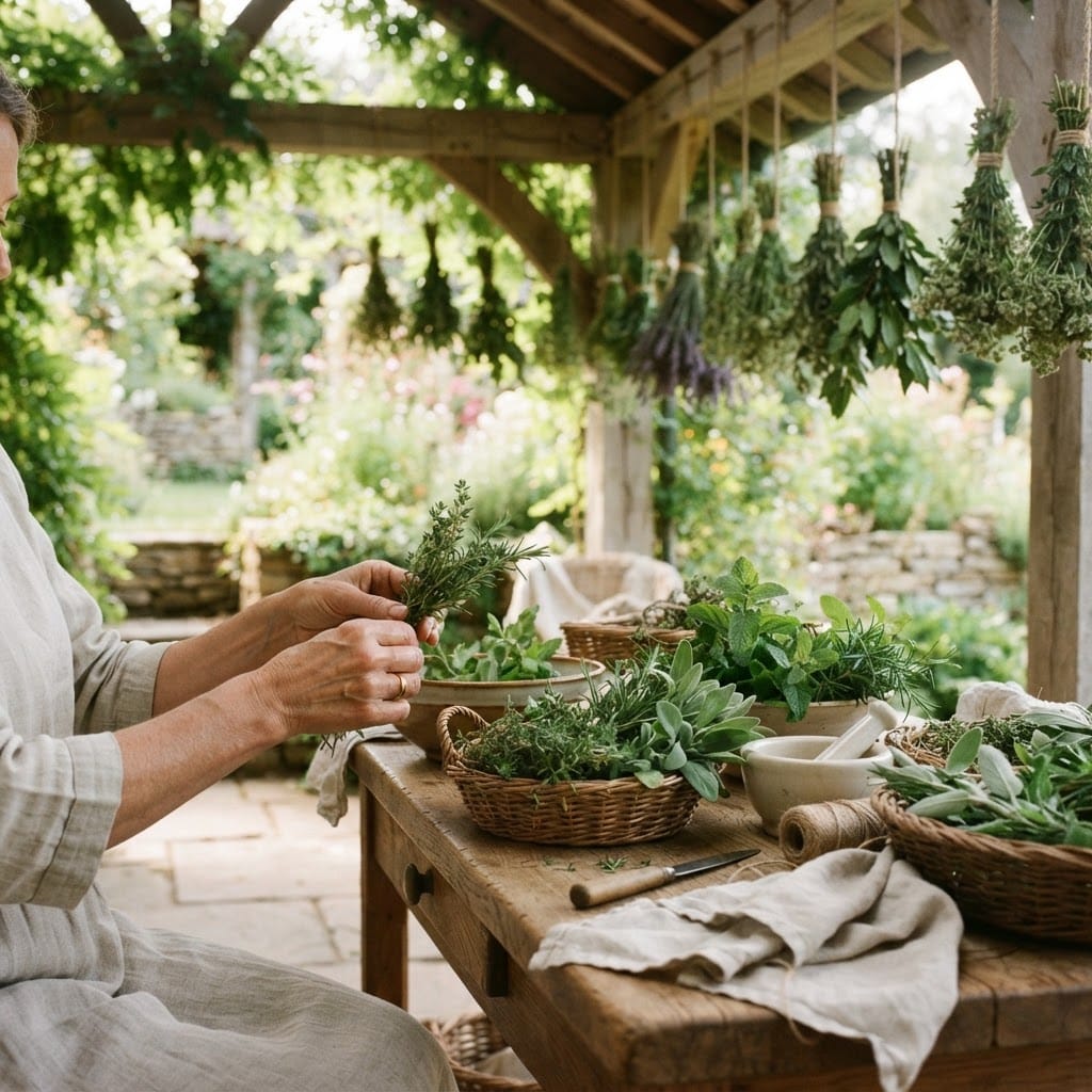Hands working with fresh herbs at a rustic garden workbench